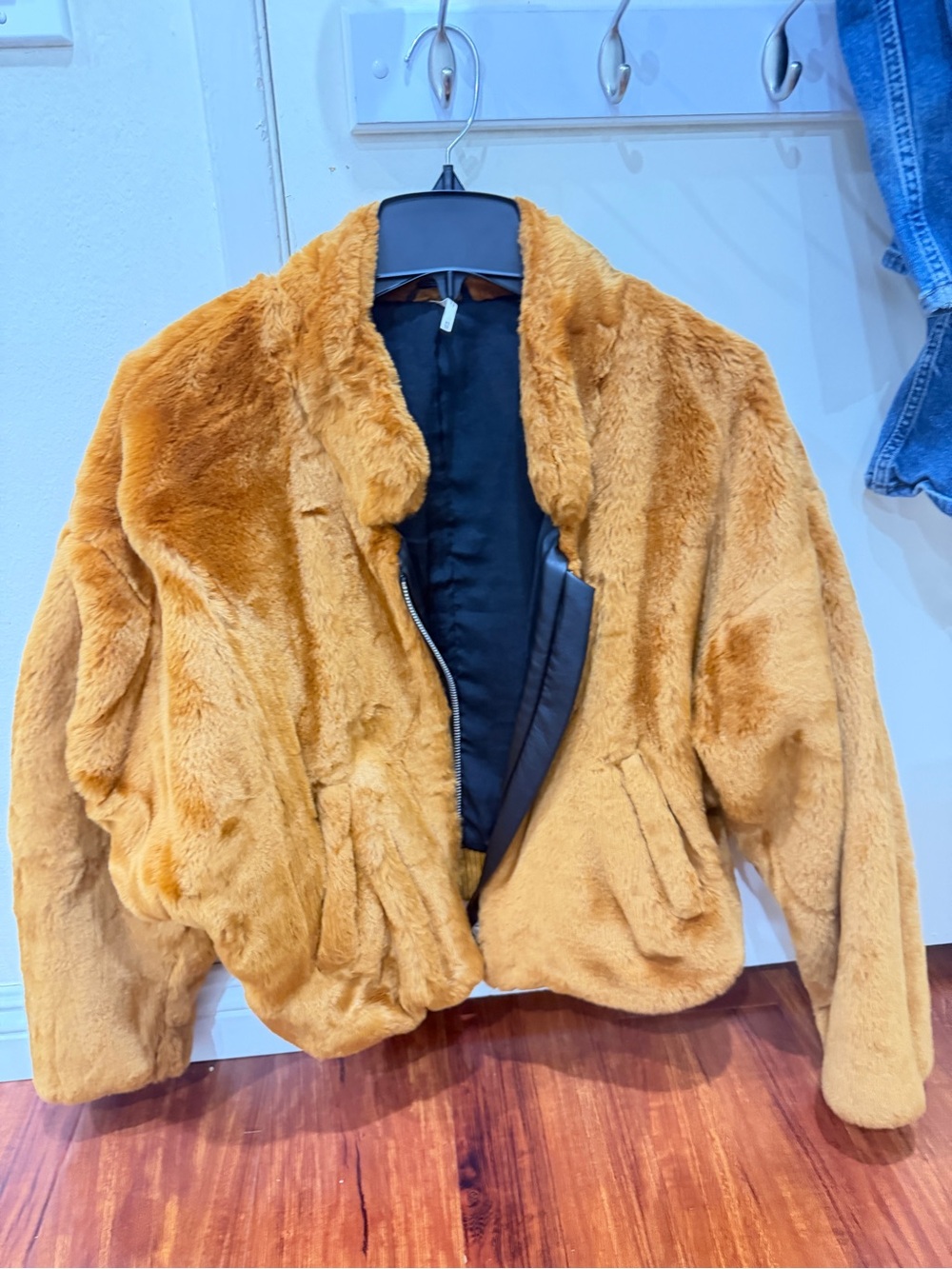Free People Golden Tan Plush Faux Fur Bomber Jacket